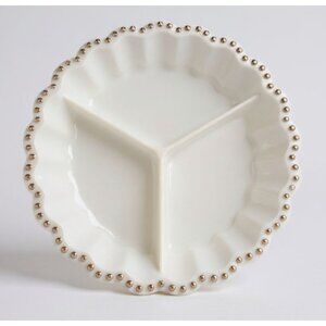 Elegant White Gold Trimmed Decorative Serving Platter With Scalloped Edge